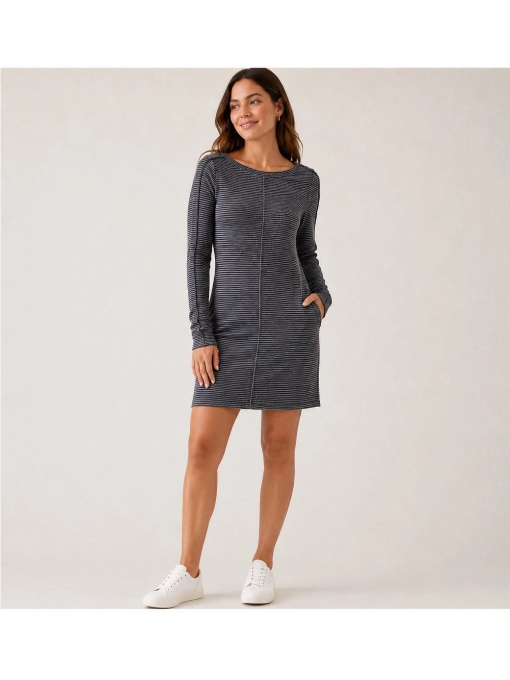 Athleta Carmella Sweatshirt Dress XXS Gray Stripe Long Sleeve NWT
